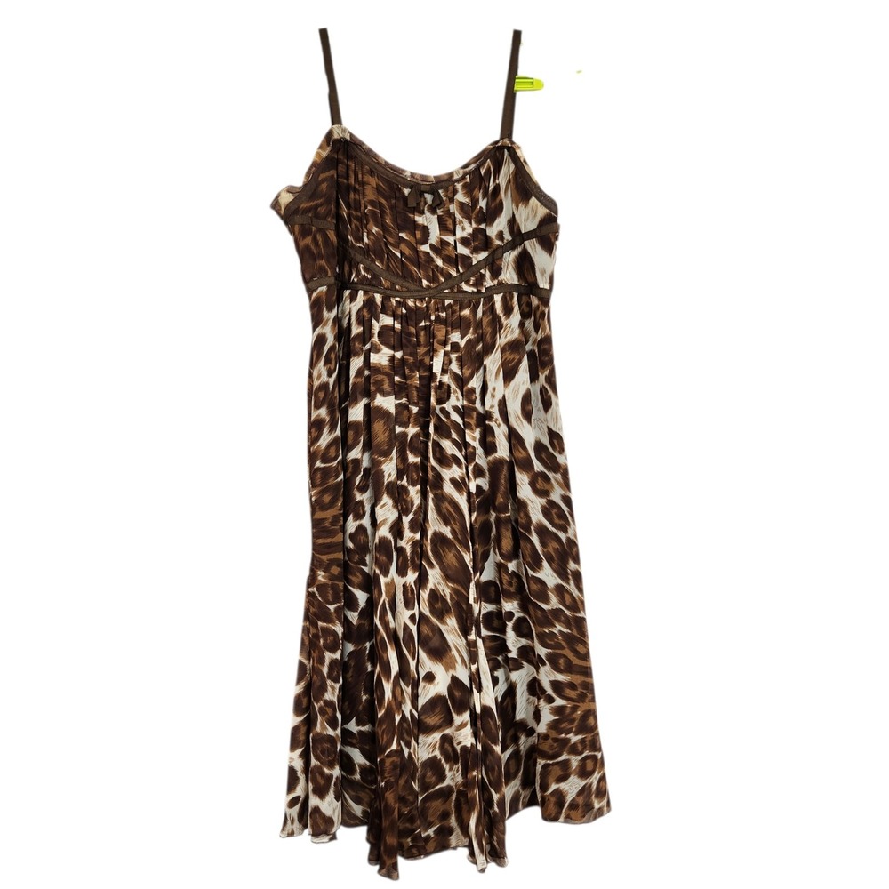 Vintage Y2K I.N.C. Size 4P Small 100% Silk Babydoll Midi Brown Animal Print Bows